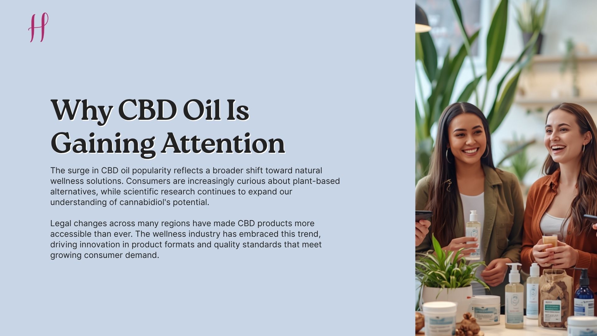 Two women in a wellness shop with products and plants.